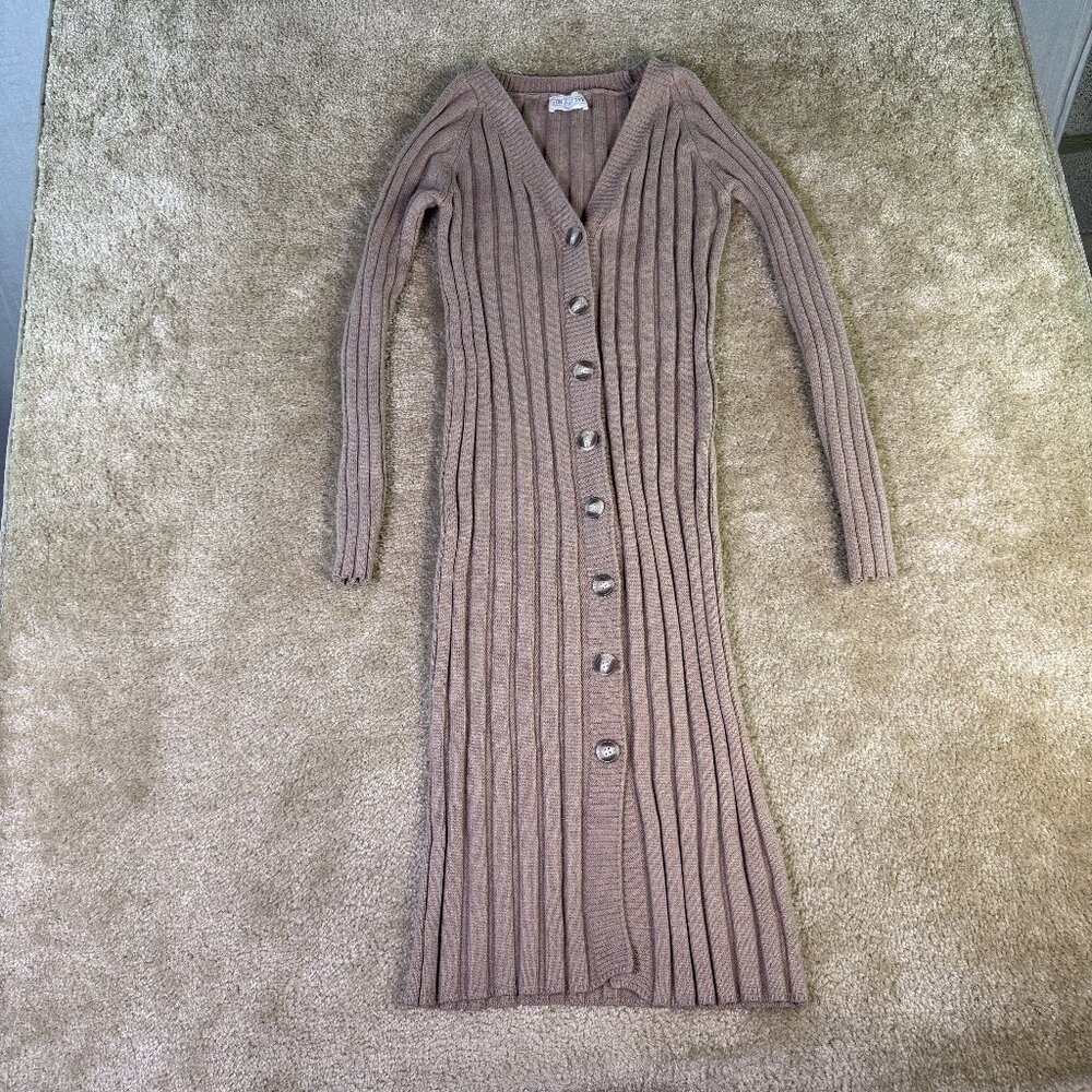 Jun & Ivy Womens Long Cardigan Size Medium Brown Knit Ribbed Cozy Comfy F243